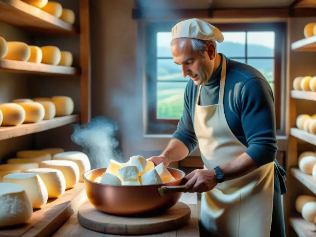 Un maestro quesero italiano crea ricotta artesanal en un taller rústico