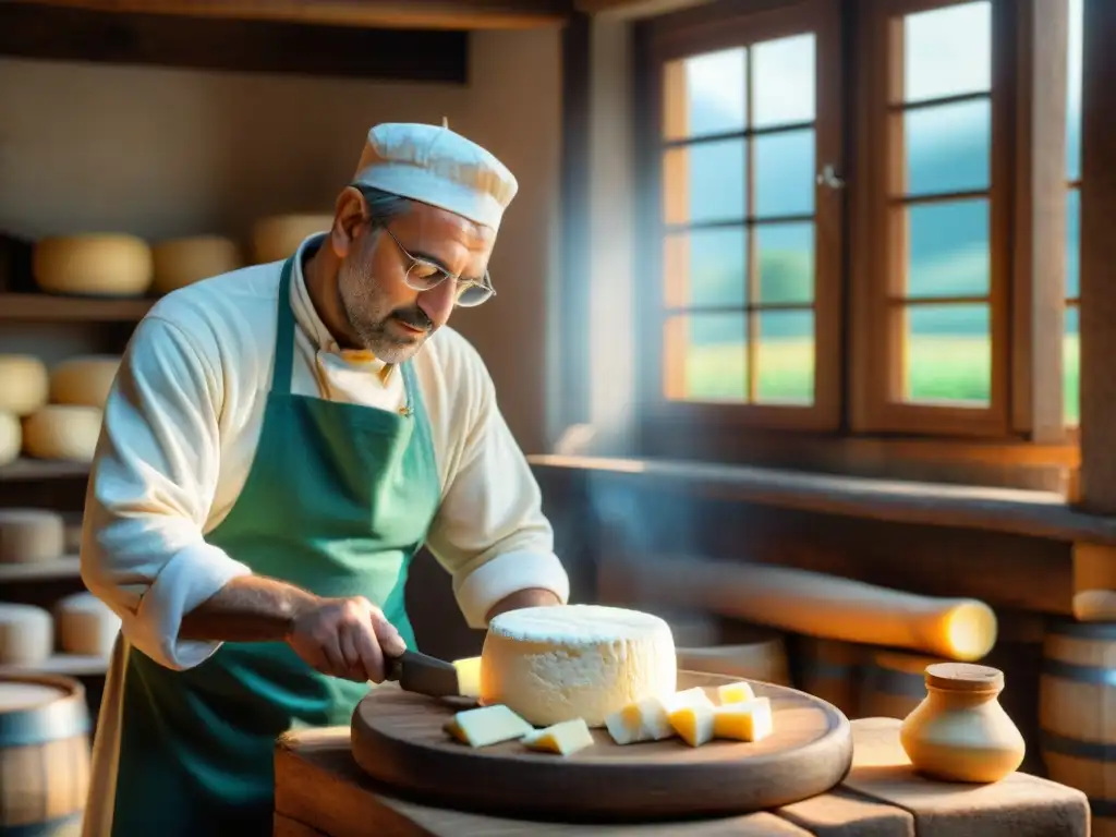 Un maestro quesero italiano elaborando ricotta con destreza en un entorno rústico