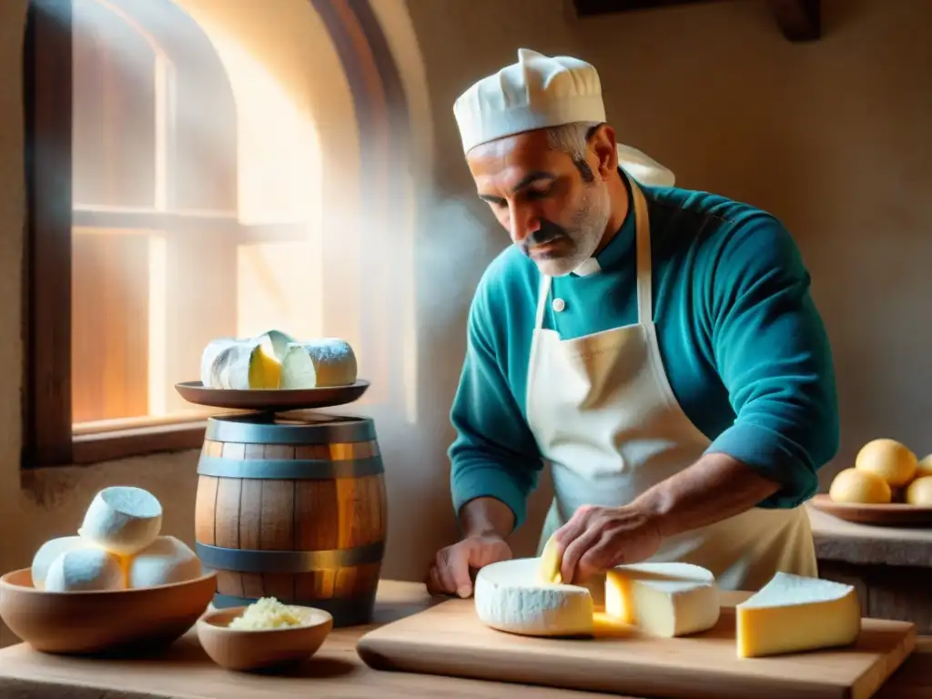 Un maestro quesero italiano elaborando ricotta a mano en un escenario campestre, resaltando la tradición y autenticidad