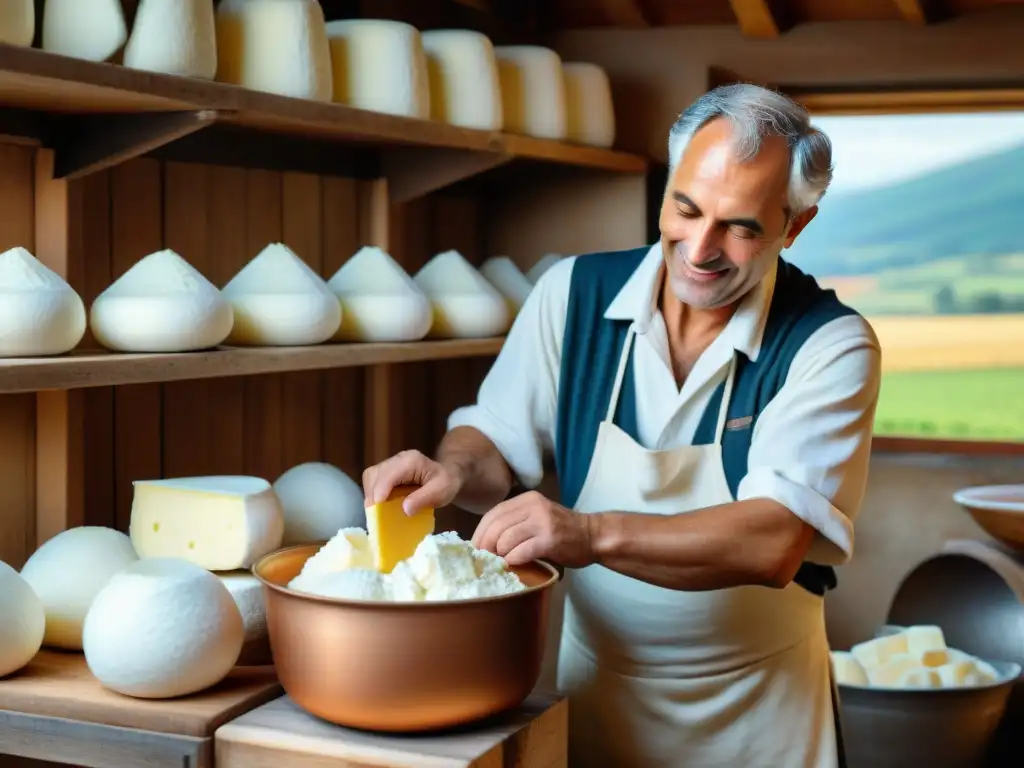 Un maestro quesero italiano elaborando ricotta fresca en una granja, resaltando la artesanía y tradición del queso ricotta italiano versátil