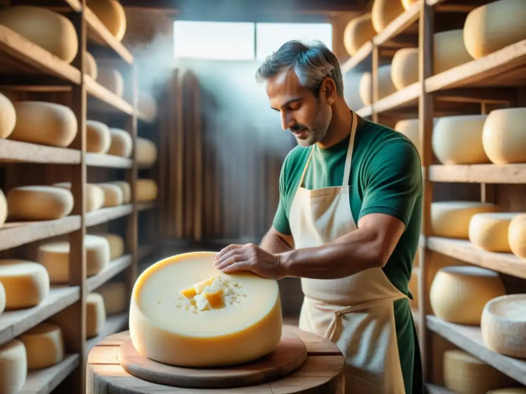 Un maestro quesero italiano crea una rueda de Parmigiano Reggiano en una granja