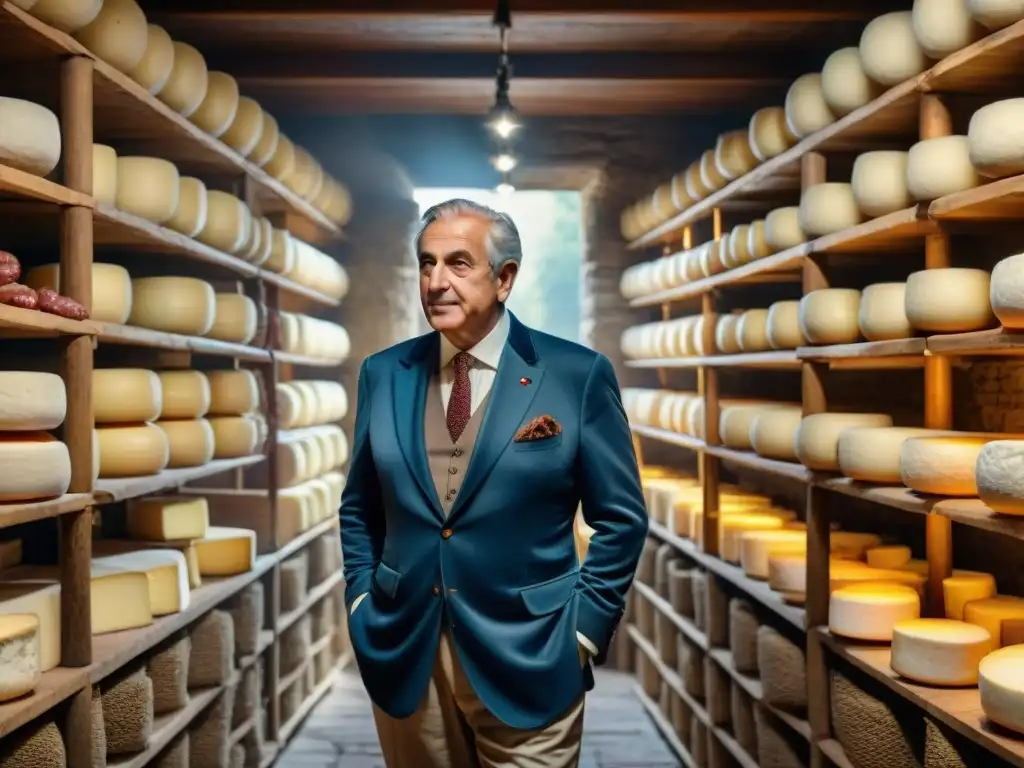 Un maestro quesero italiano inspecciona una rueda de queso en su bodega de fermentación, rodeado de herramientas tradicionales