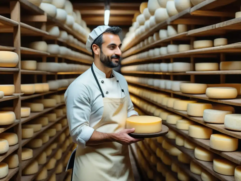 Un maestro quesero italiano inspeccionando ruedas de Parmigiano Reggiano en bodega tradicional