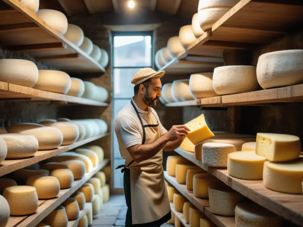 Un maestro quesero italiano inspecciona ruedas de Parmesano en bodega