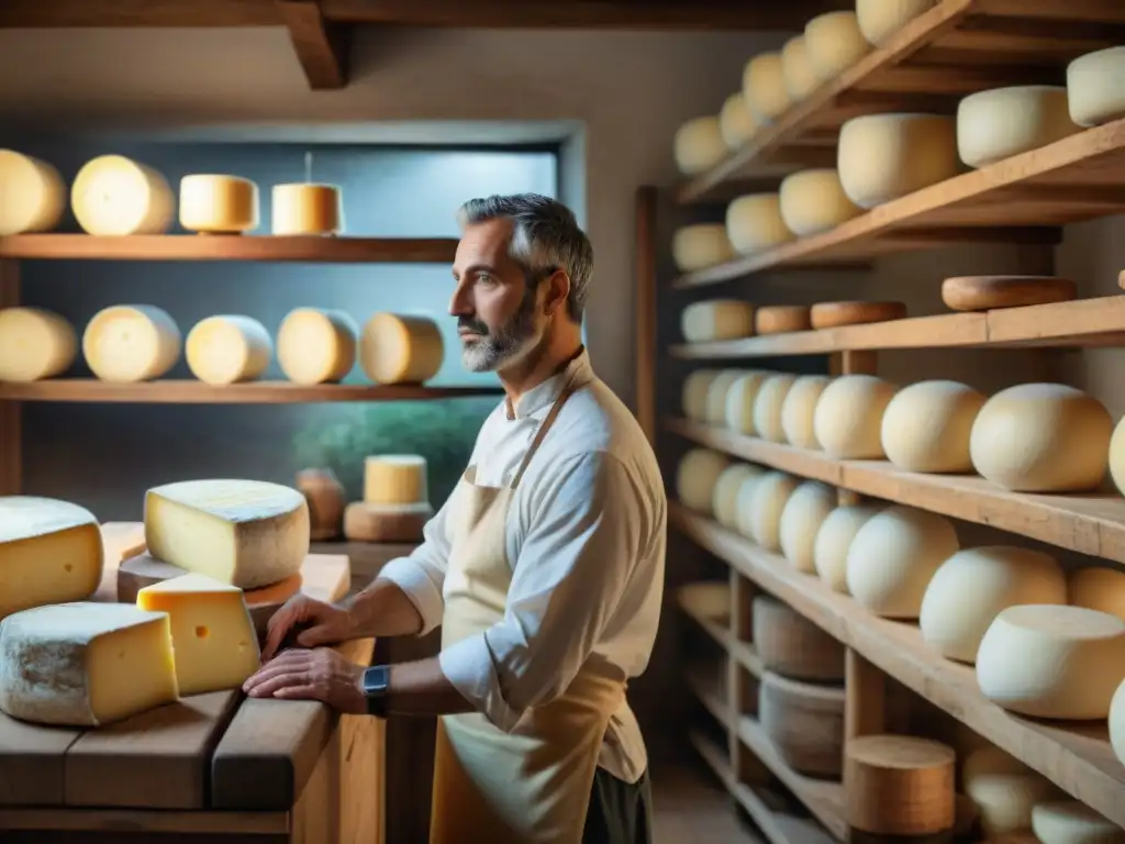 Un maestro quesero italiano crea ruedas de queso pecorino en un taller tradicional