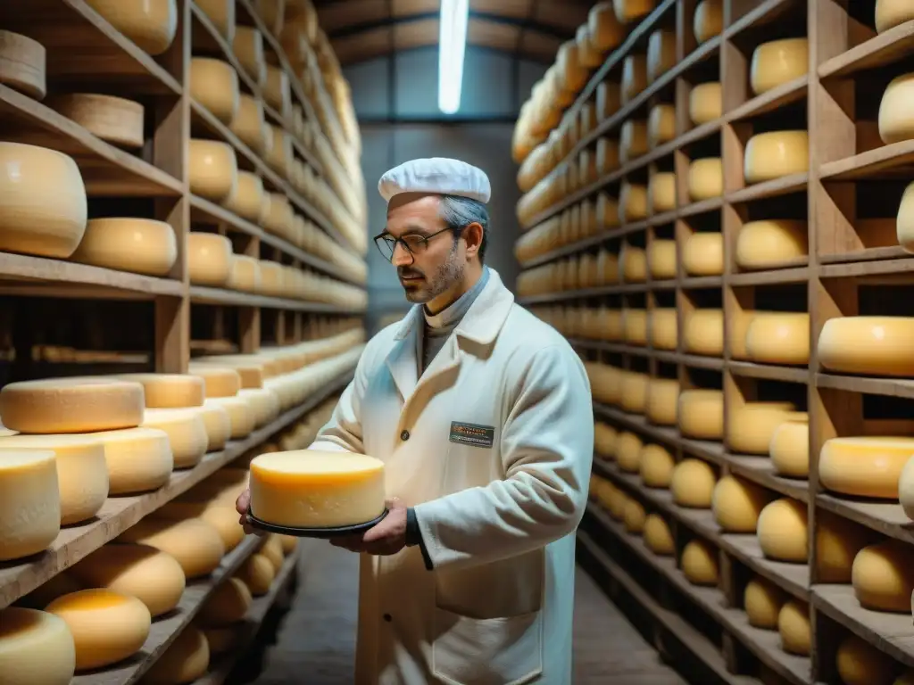 Maestro quesero italiano inspecciona ruedas de Parmigiano Reggiano en bodega de Parma