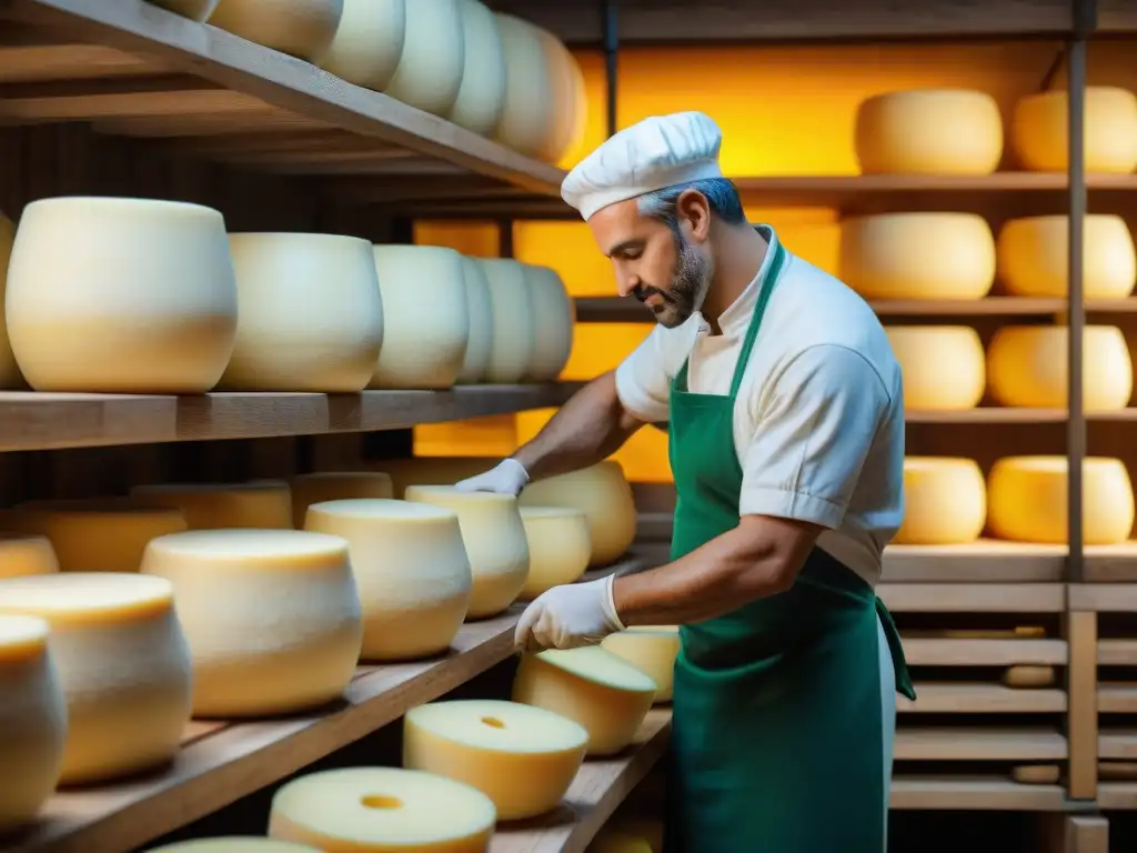 Maestro quesero italiano elaborando ruedas de Grana Padano en bodega tradicional