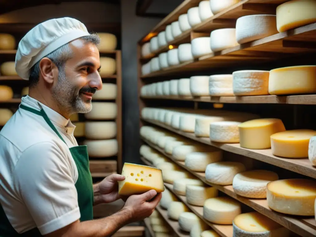 Un maestro quesero italiano inspecciona ruedas de queso Parmesano en bodega tradicional, destacando técnicas fermentación quesos italianos