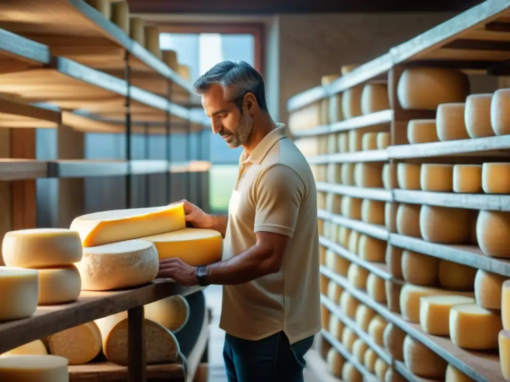 Un maestro quesero italiano coloca el sello DOP en un Parmigiano Reggiano, resaltando la tradición y dedicación de los quesos italianos con sello DOP en una bodega rústica llena de quesos envejecidos