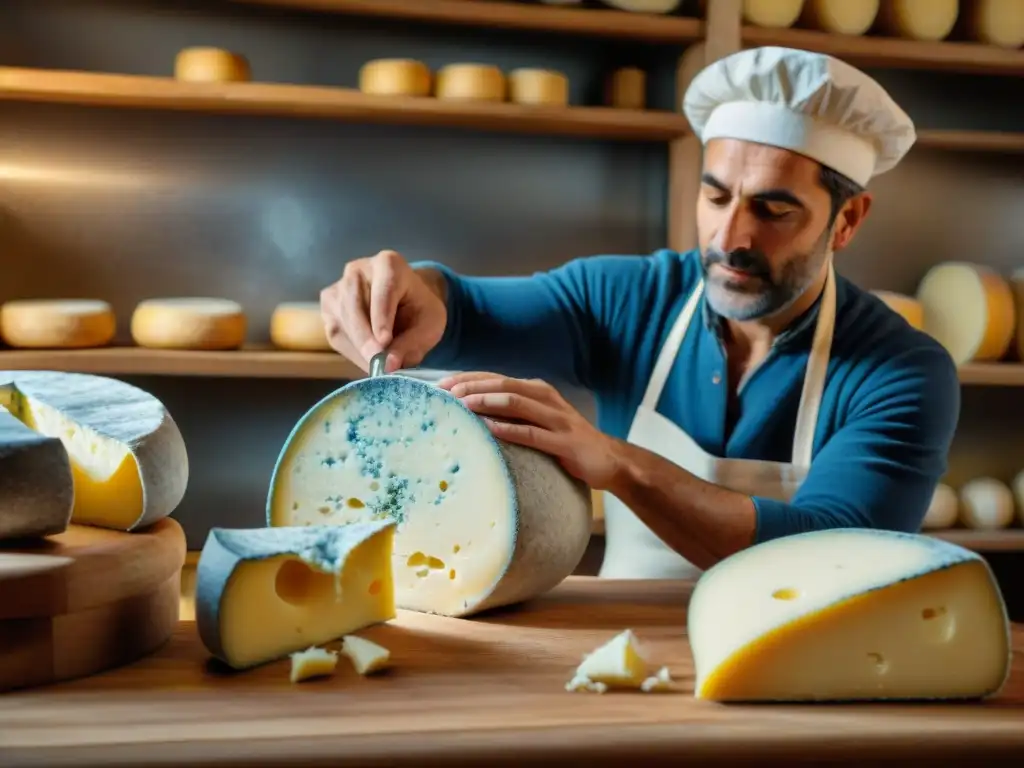 Un maestro quesero italiano elaborando Gorgonzola en un taller tradicional