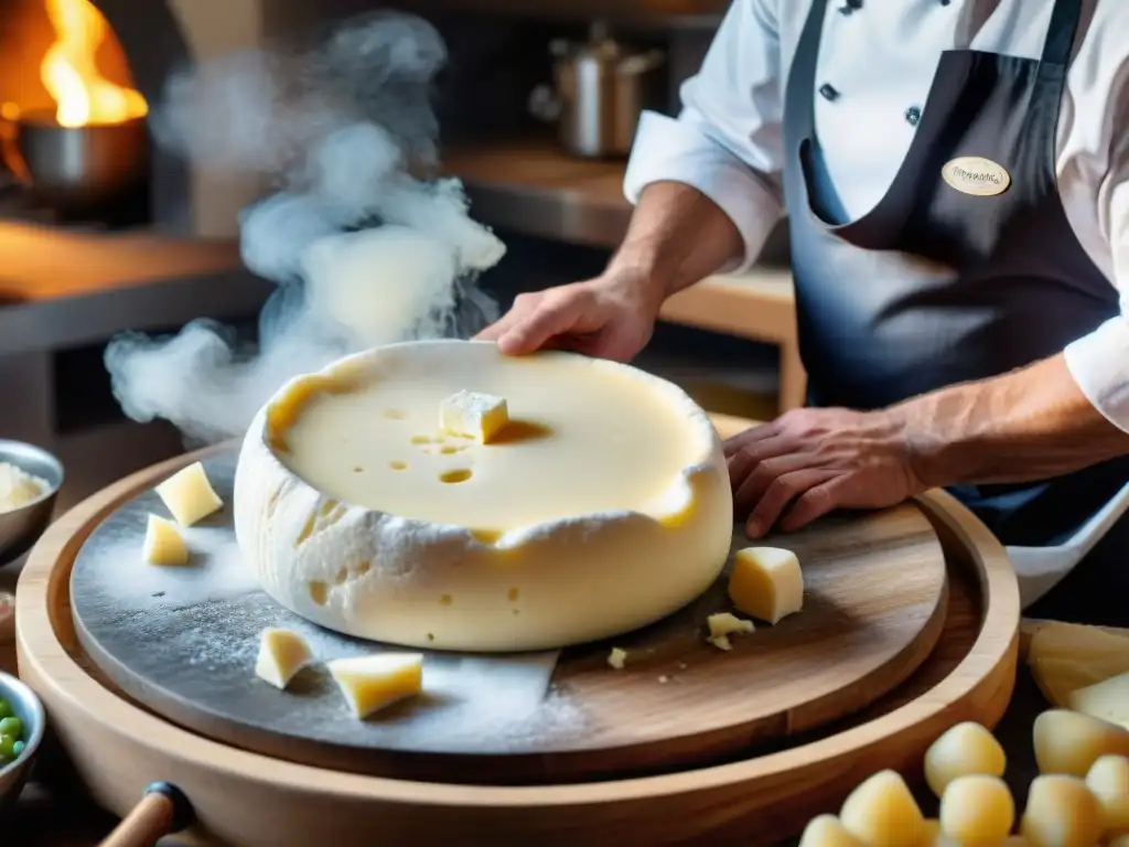 Un maestro quesero italiano usando técnicas avanzadas de fermentación para elaborar queso tradicional