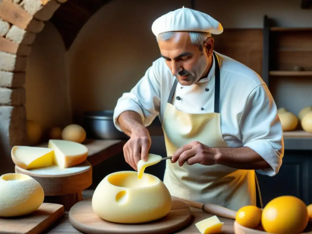 Un maestro quesero italiano elaborando Scamorza con técnicas tradicionales