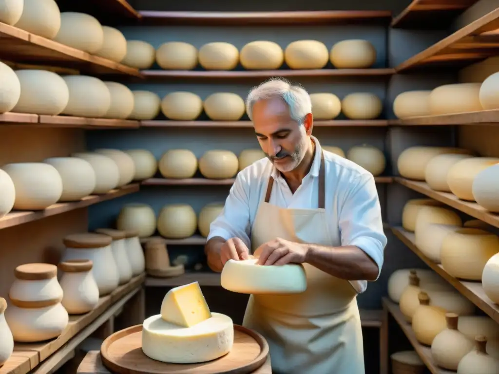 Un maestro quesero italiano tradicional moldea un enorme Caciocavallo en un escenario campestre rústico y detallado