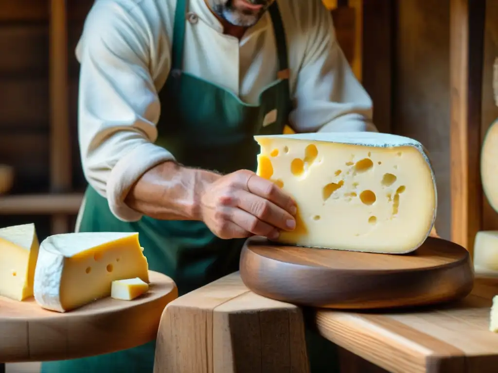 Un maestro quesero en los Alpes italianos elaborando artesanalmente la Fontina, resaltando el sabor único de la Fontina