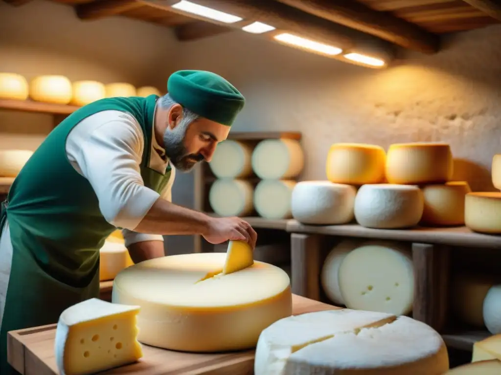 Un maestro quesero en los Alpes Julianos elaborando un queso Montasio, reflejando tradición y destreza artesanal