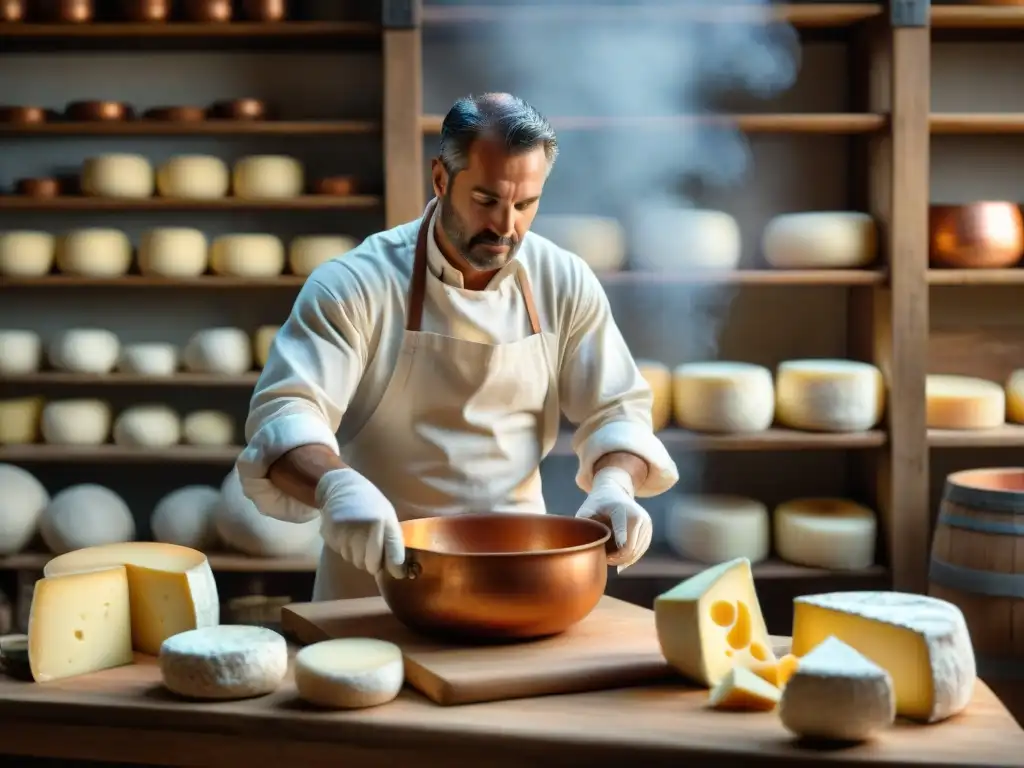 Un maestro quesero remueve leche en un taller italiano, iluminado por el sol de la tarde