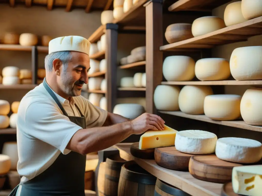 Un maestro quesero en Lombardía elaborando queso en una quesería centenaria