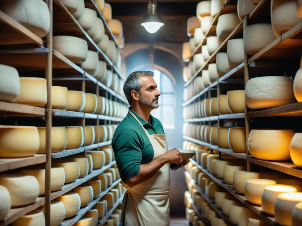 Un maestro quesero cuidadosamente supervisando la maduración de los quesos Montasio en una bodega tradicional, con sombras dramáticas