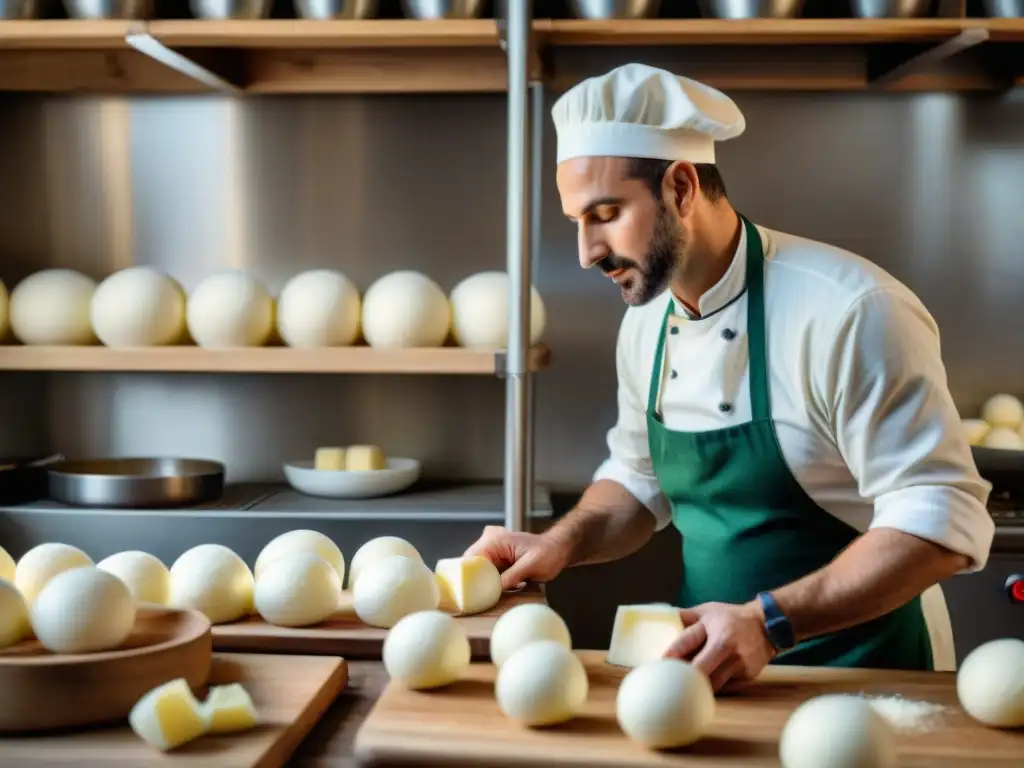 Un maestro quesero moldea a mano la mozzarella fresca en una cocina italiana, mostrando la historia artesanal de este queso