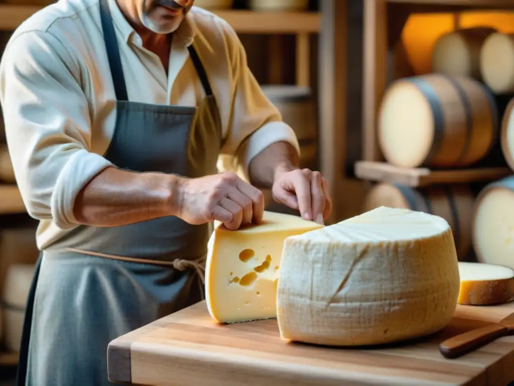 Artesano de queso Asiago: tradición y destreza en acción Un maestro quesero en la región de Asiago elaborando a mano una rueda de queso Asiago, destacando la tradición y autenticidad del proceso