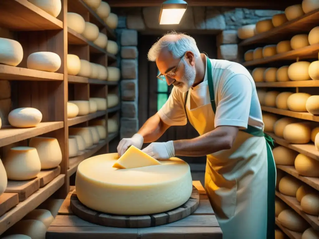 Un maestro quesero moldea a mano una rueda de Parmigiano Reggiano en una bodega tradicional italiana