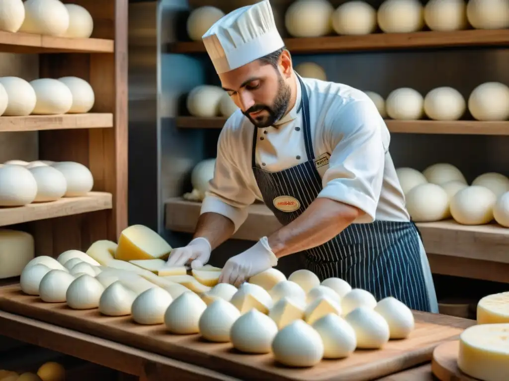 Un maestro quesero estira la mozzarella fresca para una pizza italiana tradicional, con quesos envejecidos al fondo