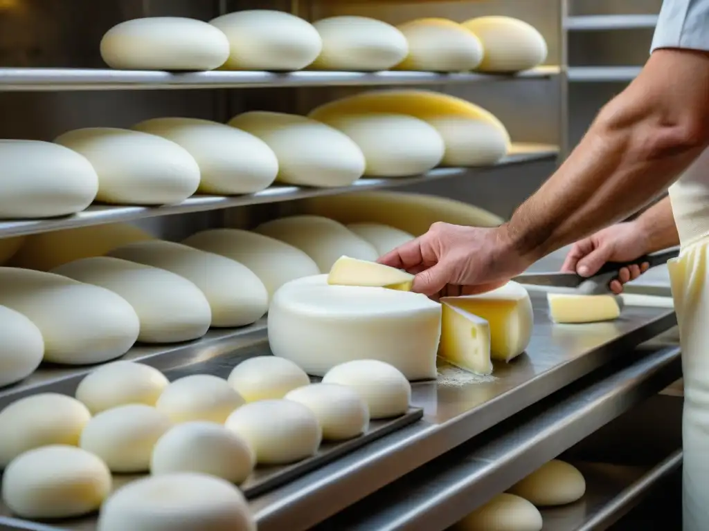 Un maestro quesero moldeando y estirando mozzarella fresca en una granja láctea italiana