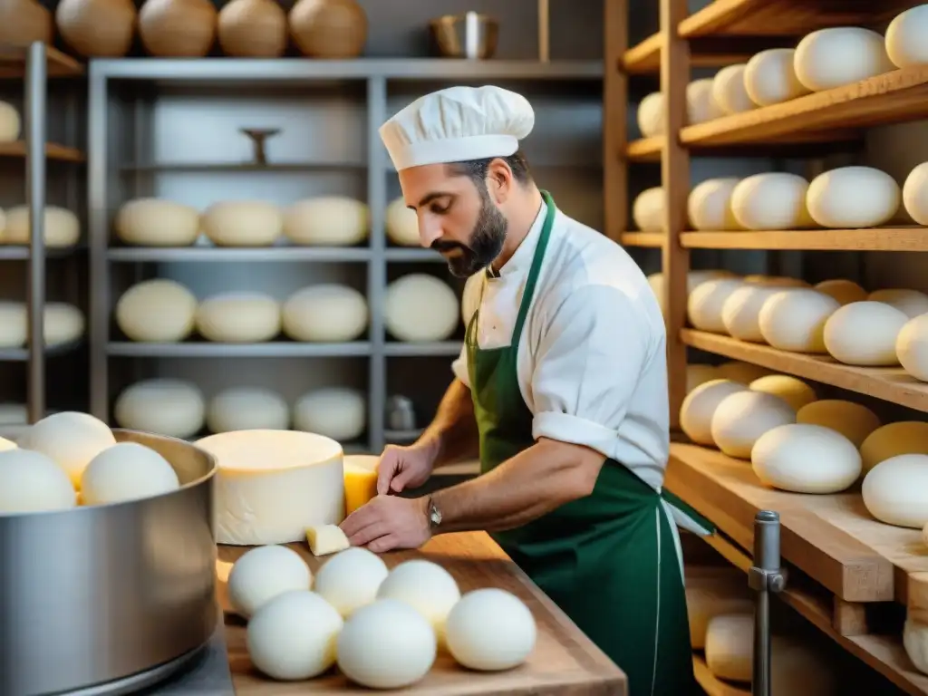 Un maestro quesero en Campania, Italia, elaborando mozzarella a mano