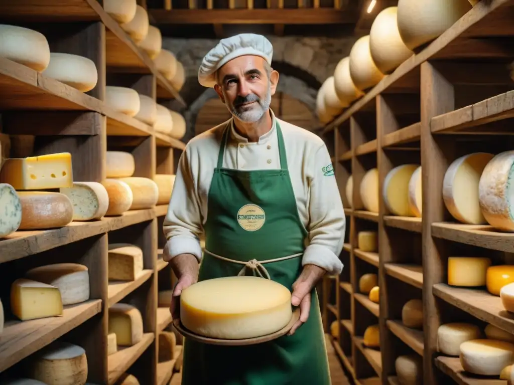 Un maestro quesero del norte de Italia inspecciona con orgullo una rueda de queso en bodega rústica