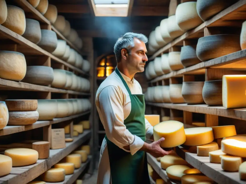 Un maestro quesero en Parma inspeccionando un queso Parmesano en una bodega rústica iluminada tenue, destacando la cocina italiana tradicional