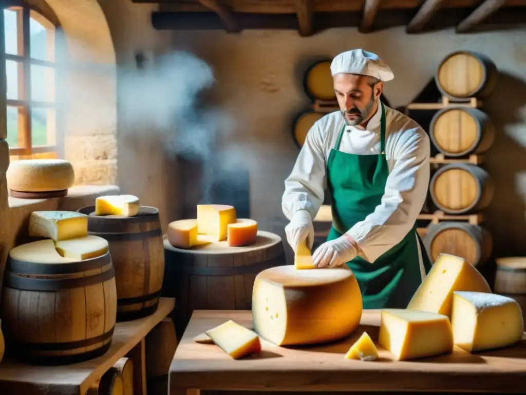 El maestro quesero elabora Parmesano rodeado de barriles y herramientas vintage en un ambiente rústico