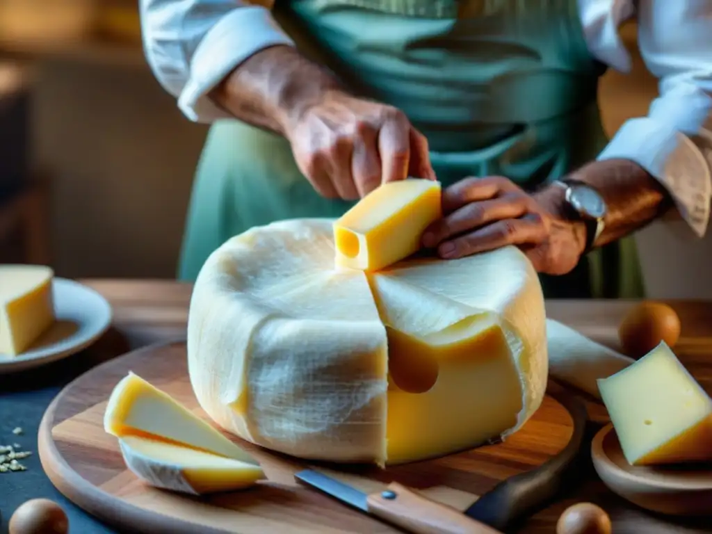 Un maestro quesero en Italia envuelve cuidadosamente un Parmigiano Reggiano en tela, mostrando técnicas modernas de conservación de quesos italianos