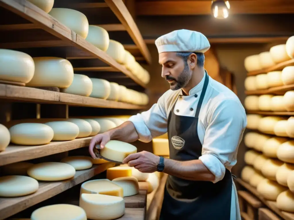 Un maestro quesero elaborando un Provolone Valpadana en una bodega italiana