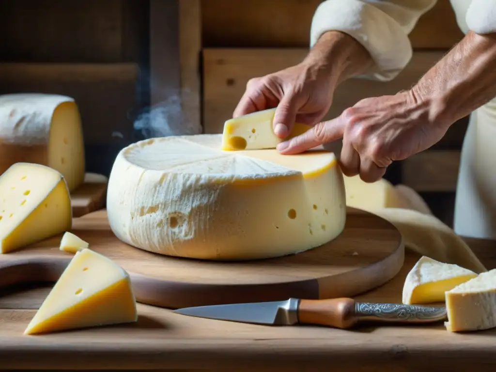 Un maestro quesero moldea queso Asiago en una antigua granja italiana