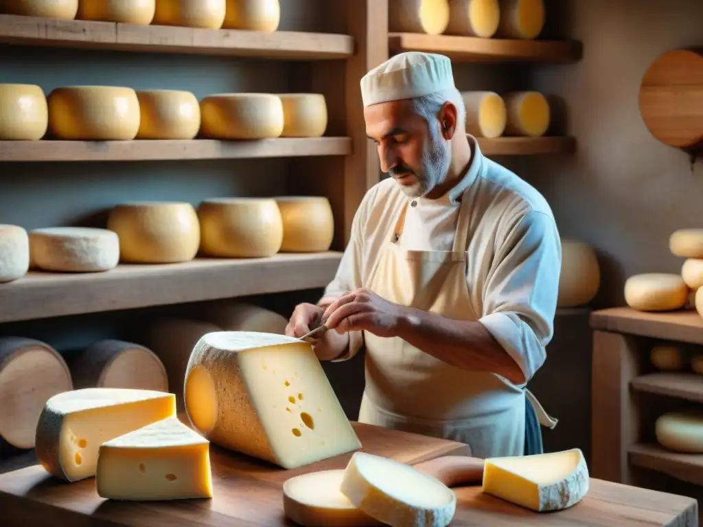 Artesano de queso Asiago: tradición y destreza en la campiña Un maestro quesero elaborando queso Asiago en un entorno campestre