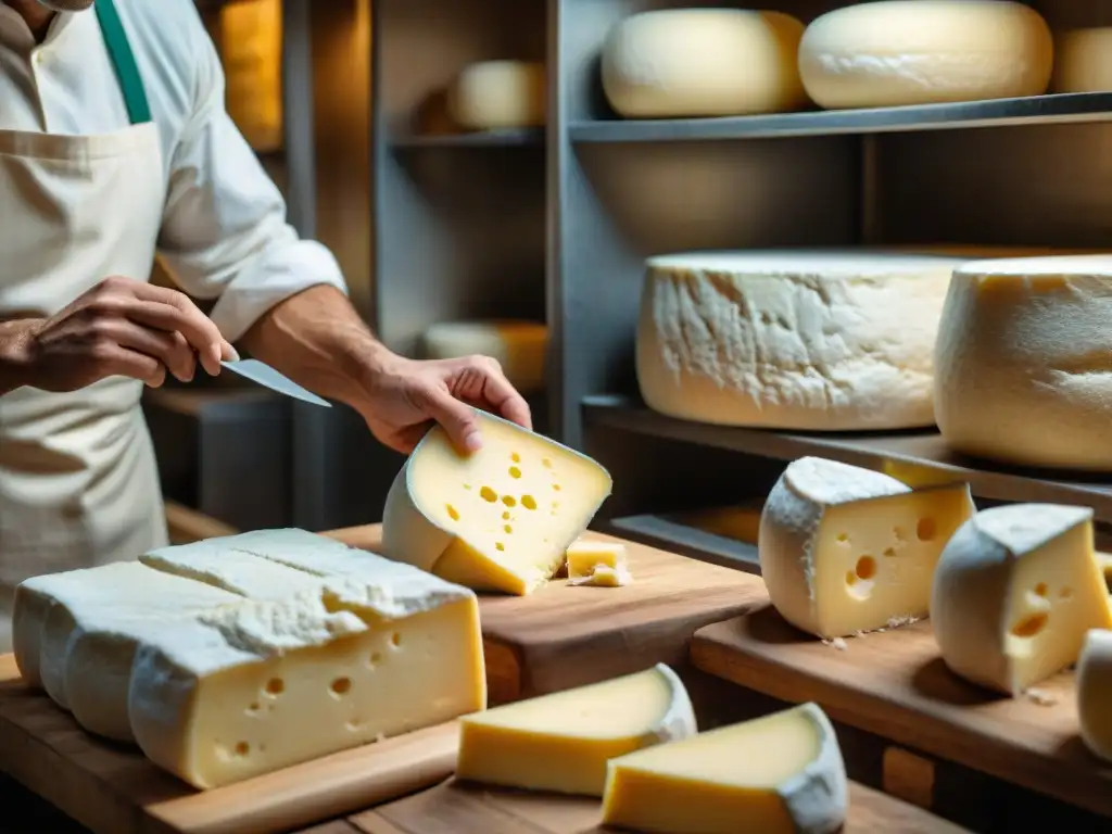 El maestro quesero elabora queso Gorgonzola en una granja italiana tradicional