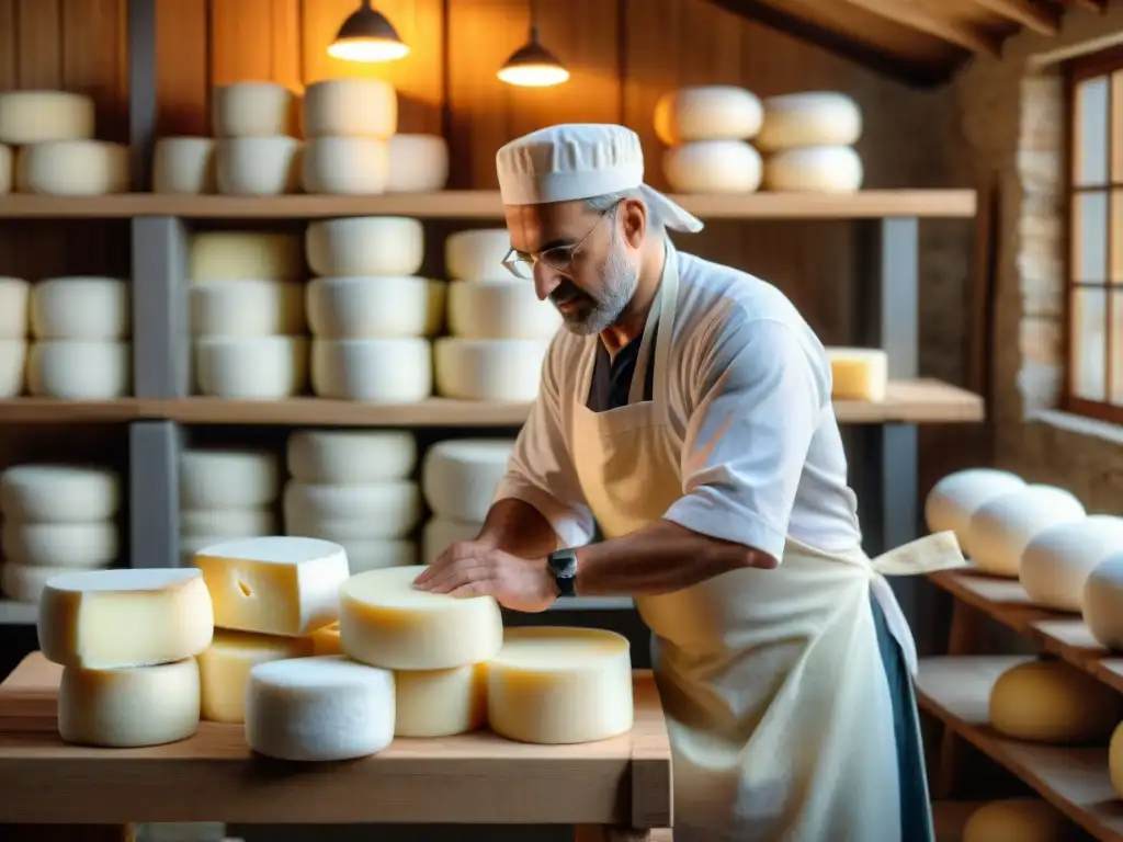 Un maestro quesero envolviendo cuidadosamente el queso Robiola recién hecho en una quesera tradicional en el campo