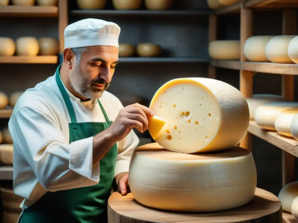 Un maestro quesero en Italia moldea un queso Parmigiano Reggiano en una bodega histórica