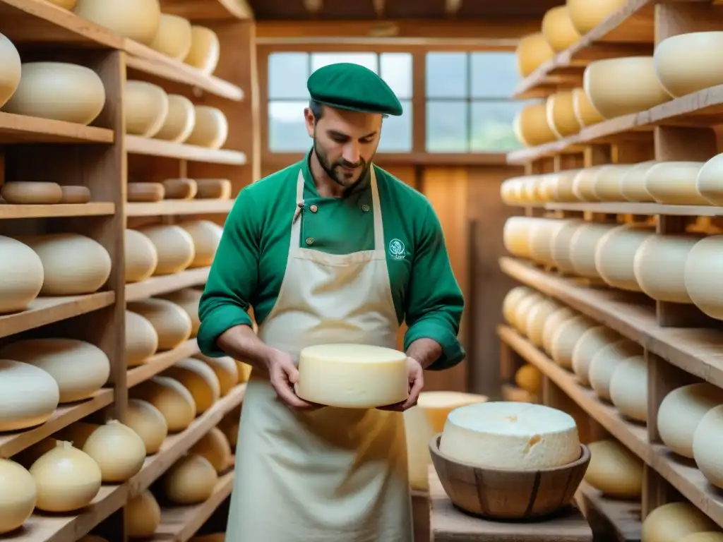 Maestro quesero elaborando Queso Parmigiano Reggiano en quesería tradicional italiana