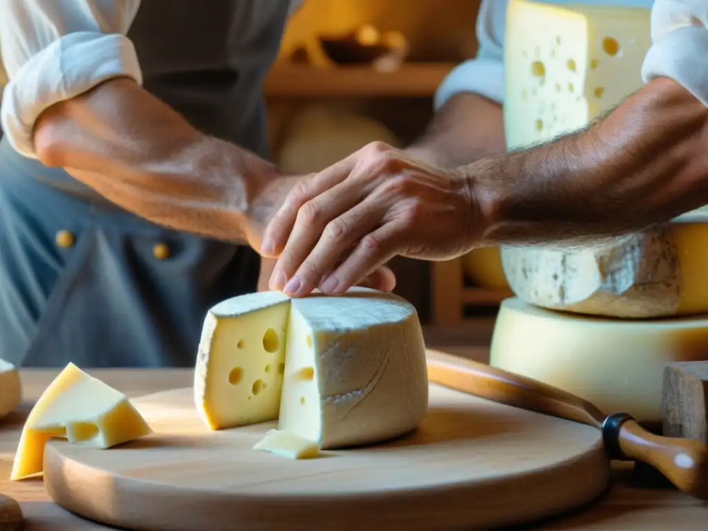 Un maestro quesero en Italia moldea un queso pecorino, destacando la tradición centenaria de los Quesos italianos menos conocidos