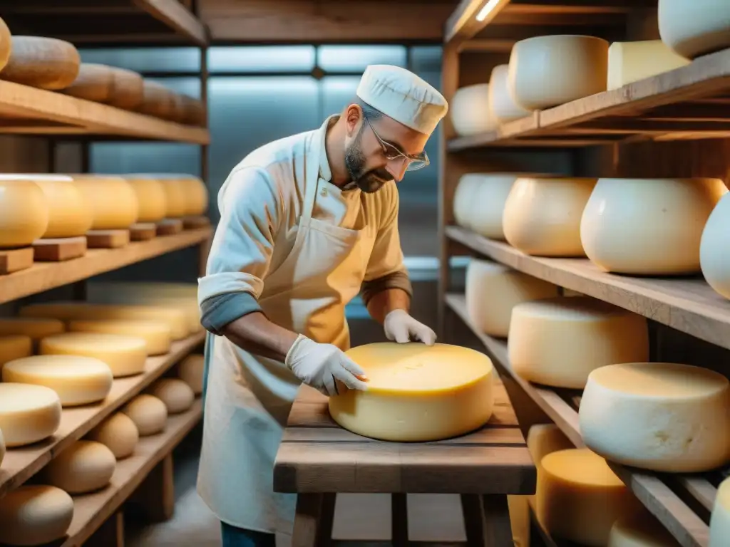 Un maestro quesero elaborando un queso Taleggio en una granja tradicional de Lombardía, transmitiendo autenticidad y tradición