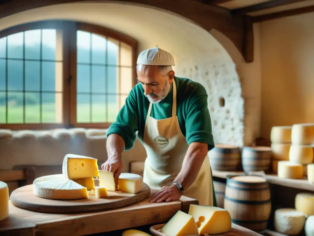 Un maestro quesero elaborando quesos italianos sin lactosa en un taller tradicional rodeado de ruedas de queso y barriles de madera