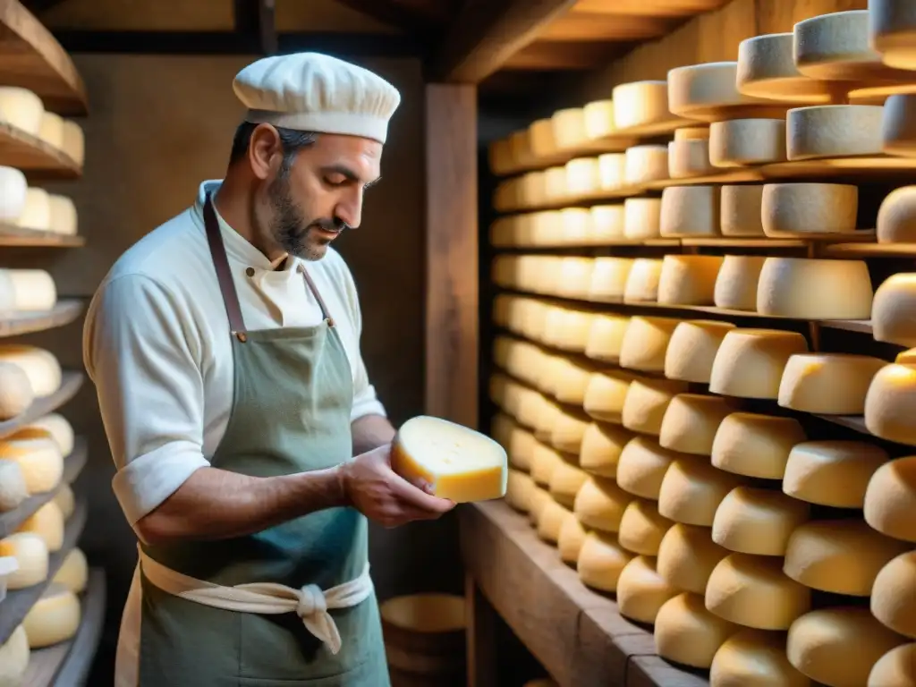 Maestro quesero inspecciona rueda de Parmigiano Reggiano en bodega antigua