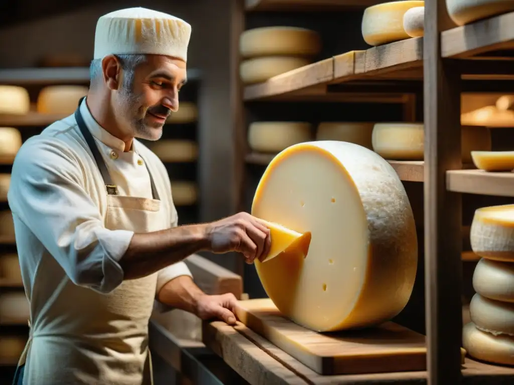 Un maestro quesero volteando una rueda de Parmigiano Reggiano envejecido en un sótano rústico