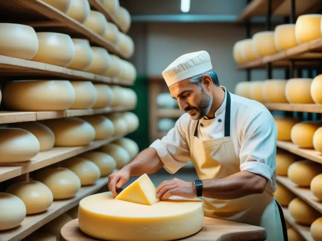 Un maestro quesero crea una rueda de Parmigiano Reggiano en una quesería italiana, mostrando técnica y dedicación