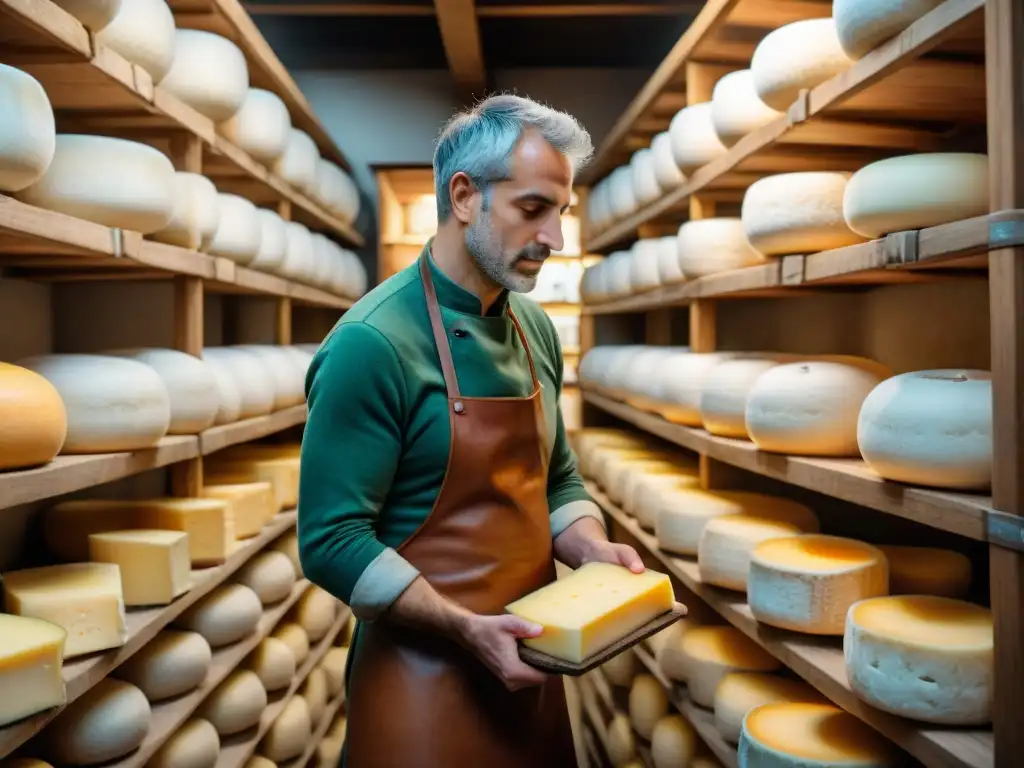 Un maestro quesero examina detenidamente una rueda de Provolone Valpadana en una bodega tradicional italiana