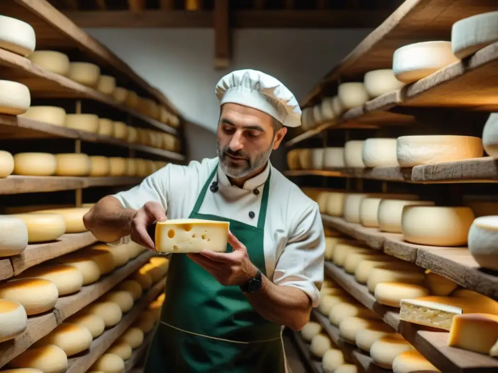 El maestro quesero cuidadosamente salando las ruedas de queso Piave en la bodega tradicional italiana