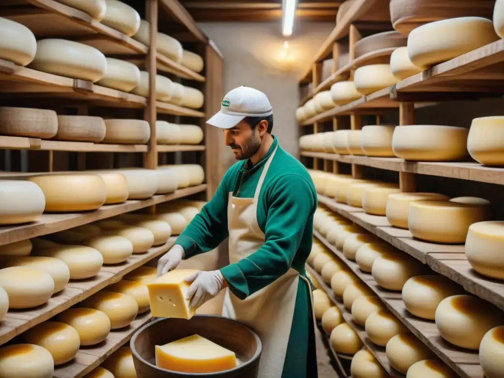 Un maestro quesero moldea y sala el queso Parmigiano Reggiano en una bodega tradicional italiana