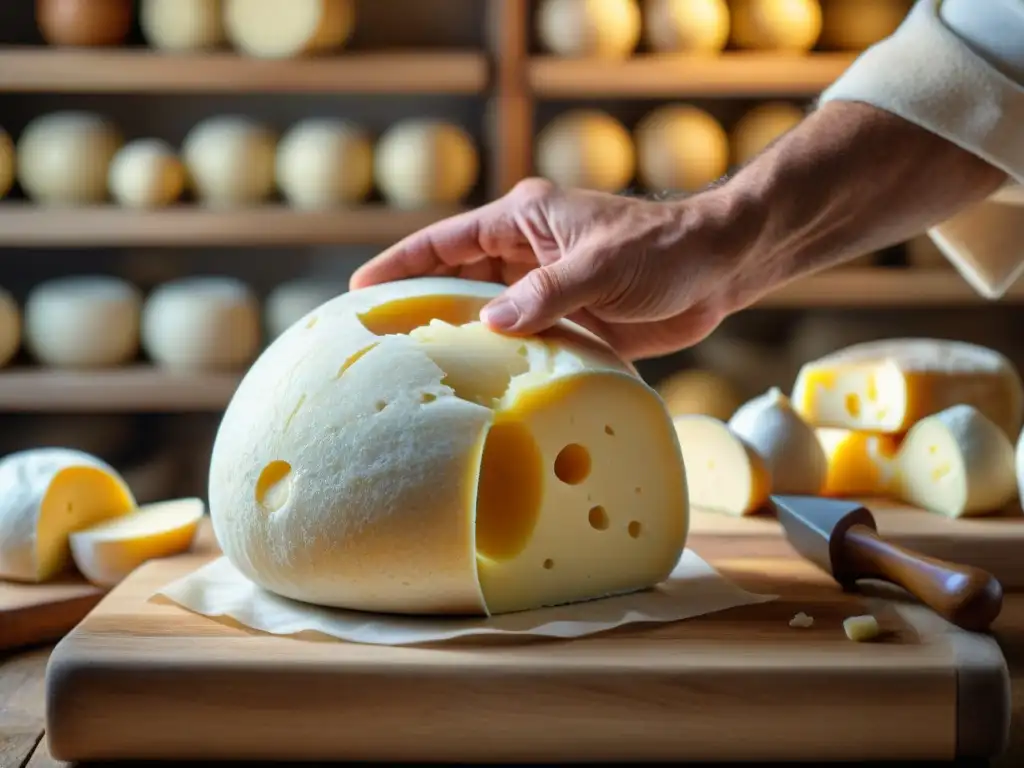 Un maestro quesero del sur moldea Caciocavallo auténtico con destreza en una granja italiana