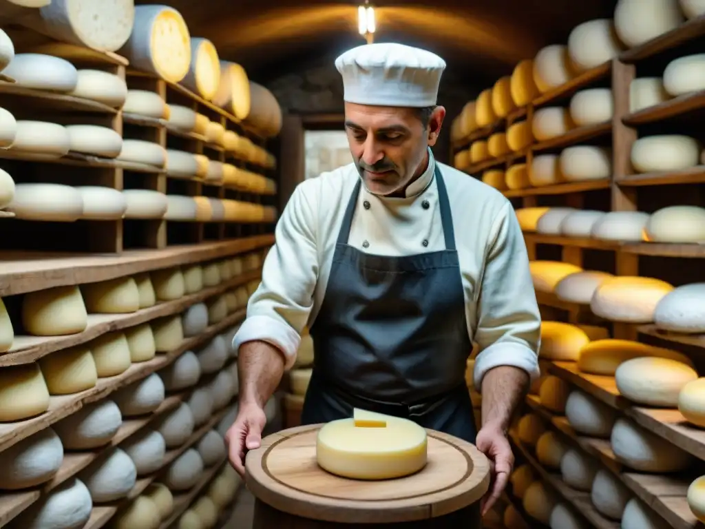 Maestro quesero italiano tradicional moldeando Caciocavallo en bodega rústica, aroma a queso y tradición centenaria